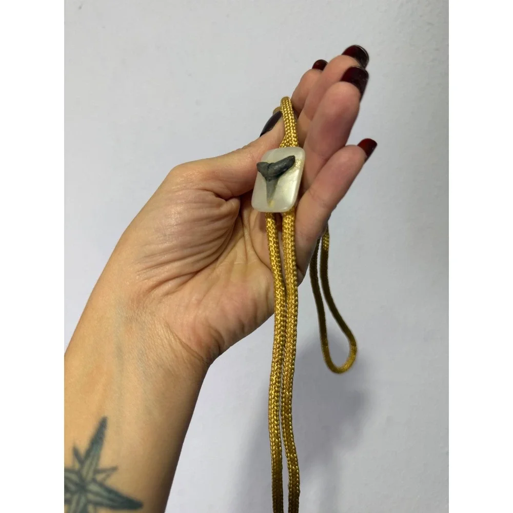 Vintage Shark Tooth Bolo Tie Gold Braided Cord Western Coastal Boho Accessory